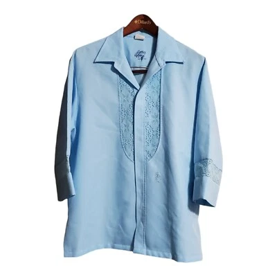 Vtg Iolani Beau Tiki Blue Hawaiian Wedding Shirt Aloha 100% Polyester Lace - Image 1 of 4