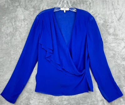 Robert Rodrigues 衬衫女式 8 真丝垂褶领人造包裹皇家蓝色职业 — 第 1/4 张图片