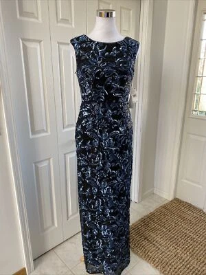 NWT Aidan Mattox  Navy Art-Deco Floral Beaded I Gown 4 $330 - Image 1 of 4