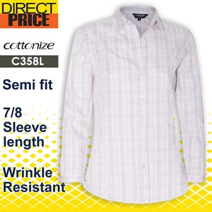 Womens Shirt Blouse Checkerboard 7/8 Sleeve Business Top Office Formal Cherry - Picture 1 of 6
