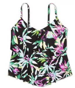 Women's Tiered Tankini Top - Aqua Green Leaf Print Medium - Picture 1 of 2