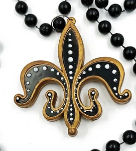 Fleur de Lis Mardi Gras Bead Necklace Black & Gold Bourbon Street Beads - Picture 1 of 2