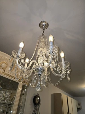 Hermosa araña checa de cristal y brazo con prisma drapeado europeo de 6 brazos + bombillas Foto 1 de 4