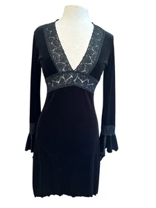Vintage G-dresses Black Velvet Lace Trim Mini Dress | Gothic Boho Flare Sleeve | - Picture 1 of 9