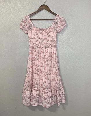 Coquette Pink Floral Babydoll Smocked Midi Dress Size S Cottagecore Romantic - Imagem 1 de 4