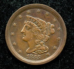 Genuine 1855 U.S. "Braided Hair" Half Cent - AU Details Cleaned - Picture 1 of 2