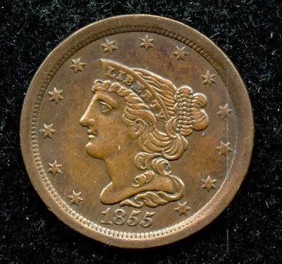 Genuine 1855 U.S. "Braided Hair" Half Cent - AU Details Cleaned - Image 1 of 2