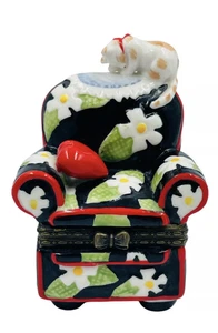 Mary Engelbreit Porcelain Trinket Box Floral Chair Heart Cat Hinged Enesco 1998 - Picture 1 of 11