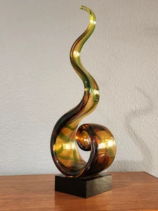 Murano Hand-Blown Art Glass Abstract Spiral Sculpture Amber 14” Brown Turquoise - Picture 1 of 20