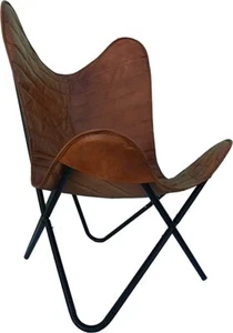 Leather Butterfly Chair Retro Vintage Industrial Leather Brown Ribbed Seat Black - Picture 1 of 6