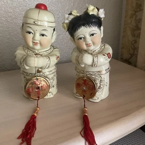 Vintage Chinese Ceramic Lucky Golden Couple Jintong Boy Yunu Jade Girl Figurines - Picture 1 of 3