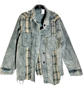 NWT POL Shirt Jacket Shacket Sz L Long Sleeve Plaid DISTRESSED Boho Grunge - Picture 1 of 14