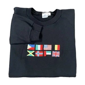 Vintage Fast Friends Raglan Sweatshirt Youth XL Black Country Flags Made USA - Picture 1 of 11