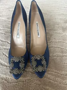 Manolo Blahnik Hangisi 105mm embellished satin pumps blue 37.5 - Picture 1 of 7