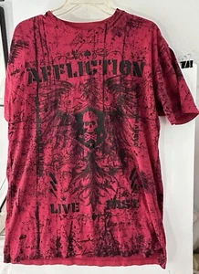 Men Affliction Shirt Red Size XL Live Fast Eagle Skull Ace Spades Seek Destroy - Picture 1 of 5