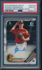 PSA 10 GUNNAR HENDERSON AUTO 1st 2019 Bowman cromado draft novato radiocontrol gema como nuevo - Imagen 1 de 3