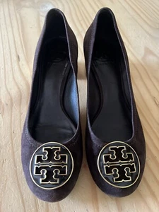 Tory Burch Amy Kid Suede Brown Low Chunky Block Heel Pumps Shoes Size 6 1/2 M - Picture 1 of 7