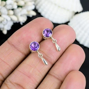 Purple Amethyst Gemstone Handmade 925 Sterling Silver Jewelry Earrings Size-1.3" - Picture 1 of 4