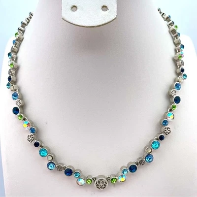 Hermoso Collar Lia Sophia Azul Verde Cristal Tono Plata Ajustable Foto 1 de 4