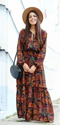 Floral H&M Tie neck Tiered skirt Elastic waist Long Sleeve Maxi Dress Size 8 - Image 1 of 4