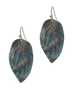 Metal Leaf Vintage Look Rusic Ears Aqua Copper Brown Dangle Wire Earrings 1 1/2" - Picture 1 of 1