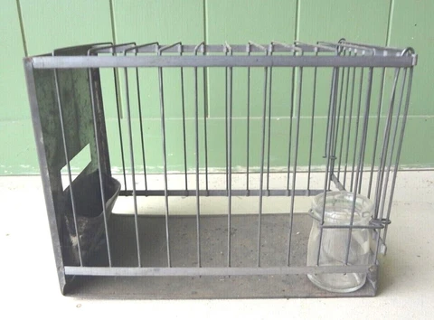 Vintage Chick Ship Transport Bird Cage. Imported Singer Feed 3 Vees Glass Water Cover