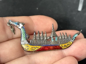 Dragon Boat Brooch Pin Thai Siam Sterling Viking Vintage Cloisonne Enamel Barge - Picture 1 of 7
