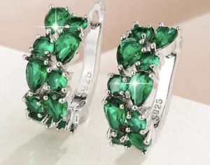 Silver & Green Cluster Hoop Earrings - Emerald Crystal 925 Sterling Silver - Picture 1 of 4