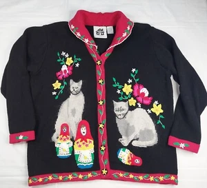 Storybook Strickpullover Damen Große L Russisch Blau Katzen Nestpuppen Vintage HSN - Bild 1 von 14