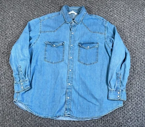 H&M Denim Western Shirt Adult XL Blue Pearl Snap Cowboy Rockabilly Grunge - Picture 1 of 16