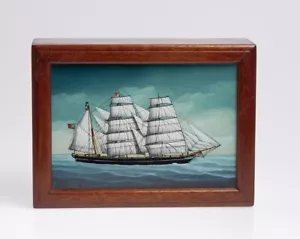 Vintage Wooden Box With Hand Painted Sailing Ship Tea Clipper Glass Panel - Picture 1 of 7