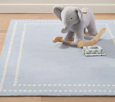 Tapete de lã azul borda ponto pérola barra colorida | Tapete feito à mão | Tapetes de área de lã tufada - Imagem 1 de 3