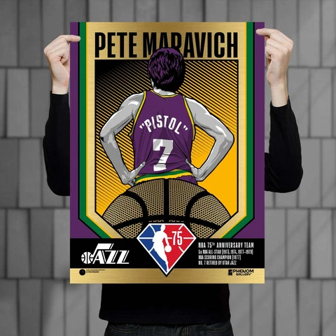 Phenom Gallery Utah Jazz 75th Anniversary Pistol Pete Maravich 18"x24" Gold Foil Cover