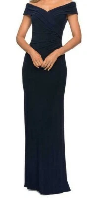 Новый 328 $ La Femme 27959 женщин 12 темно-синий собранными в Рюш атласный Surplice труба платье - Изображение 1 из 4