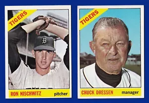 LOTE DE 2 TIGRES 1966 TOPPS #187 CHUCK DRESSEN #38 RON NISCHWITZ EN MUY BUEN ESTADO + SIN PLIEGUES - Imagen 1 de 2