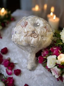 Satin Rose Flower Wedding Bouquet Ivory with Brooches and Jewels W/ Beaded Handl - Picture 1 of 4