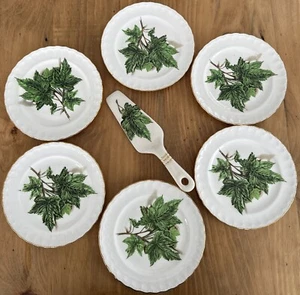 MCM Atlas Fine China 22k Gold Trimmed 6 Green Leaf Desert Plates W/Server - Picture 1 of 10