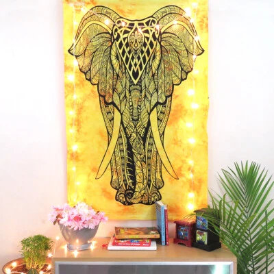Hermoso tapiz de póster de decoración de pared hippie elefante amarillo y negro indio Foto 1 de 4