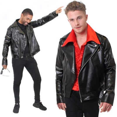 Jaqueta De Couro Preto adultos 1980S Biker Rocker Graxa T-Birds Filme Fancy Dress - Imagem 1 de 4