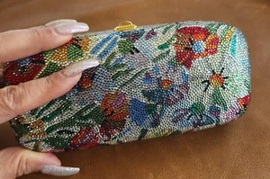 Judith Leiber Floral Flowers Crystal Clutch Purse with Chain - Picture 1 of 12