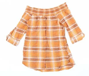 NEXT Womens Orange Plaid Cotton Blend Blouse Size 10 - Picture 1 of 12