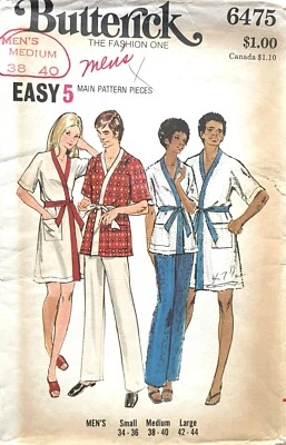 Bata de hombre Butterick años 70, patrón de pantalones 6475 talla M sin cortar Foto 1 de 2