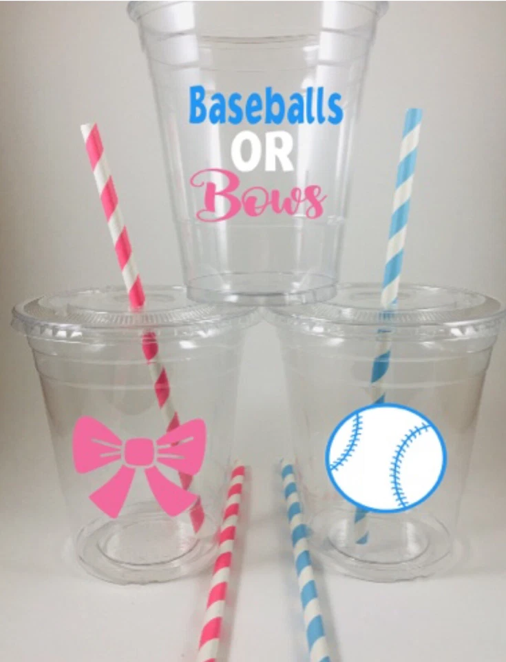 Juego de 12 tazas de fiesta de revelación de género para bebés pelotas o lazos CON tapas pajitas Foto 1 de 1