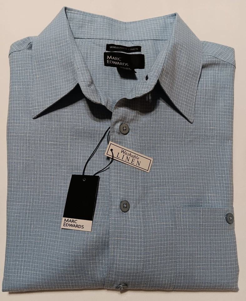Marc Edwards Men's Size L Blue S/S Washable Linen Blend Button-Up Shirt NWT - Image 1 of 4