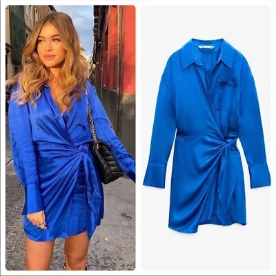 ZARA WOMAN MINI WICKELKLEID BLAU SATIN OPTIK GR. M BLOGGER FAVORIT PARTY NEU - Bild 1 von 4