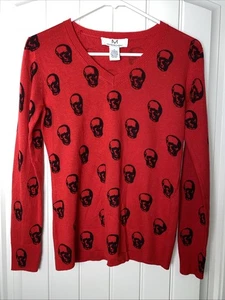 Suéter Magaschoni Rojo Negro Calavera Cuello en V Talla Pequeña S Gótico Grunge Halloween - Imagen 1 de 8