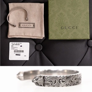 17 NEW $495 GUCCI Garden Sterling Silver GG LOGO CAT FELINE HEAD Cuff BRACELET - Picture 1 of 14