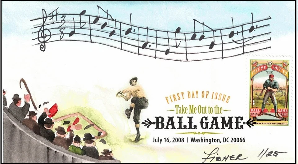 Hand-drawn, Hand-Painted TAKE ME OUT TO THE BALLGAME FDC by Mary Kay Fisher - Image 1 of 1