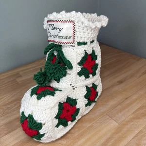 VTG Merry Christmas Handmade Crocheted Stocking Boot Bootie Granny Squares Decor - Picture 1 of 14