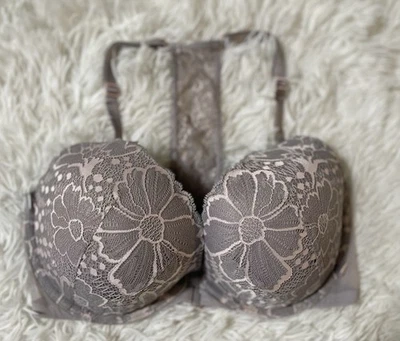 Sexy Camiseta Victoria's Secret Gris Floral Encaje Push Up Acolchada Cierre Frontal Sujetador 32DD Foto 1 de 4